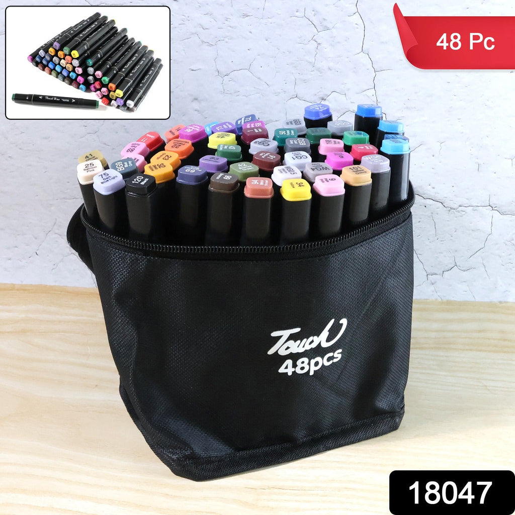Complete 48-piece dual-tip sketch markers set with portable carrying case