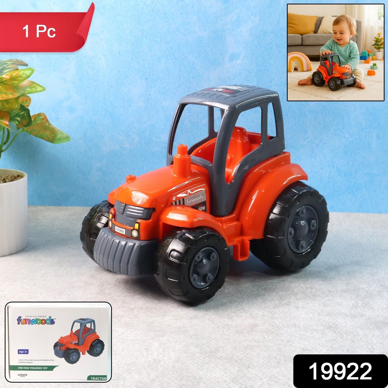 Kids farm tractor toy with large wheels and realistic cabin design