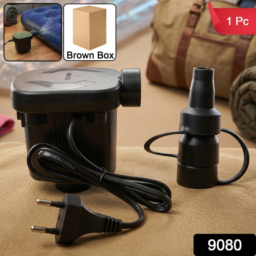 Compact portable electric air pump ready for inflating pool floats and air beds.