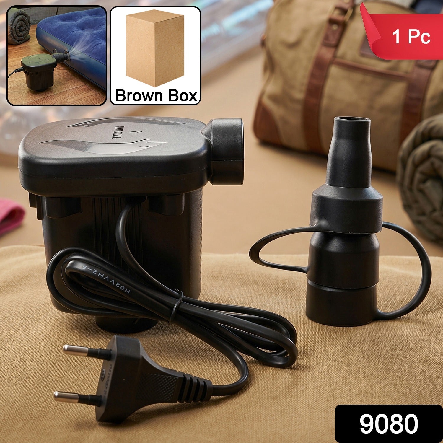 Compact portable electric air pump ready for inflating pool floats and air beds.