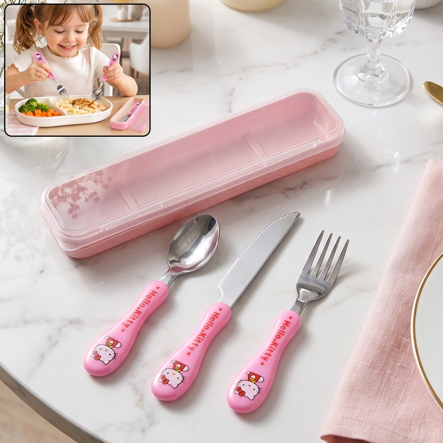 3 in 1 kids cutlery set with case, spoon, fork and knife for children (1 set)
