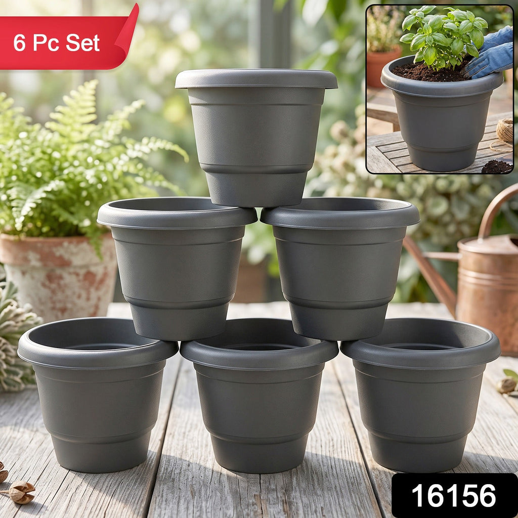 Set of 6 round plastic plant pots for flowers and herbs