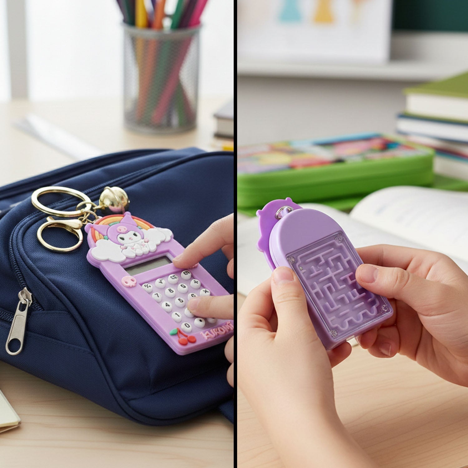 Digital calculator keychain in Kuromi cartoon style for kids and students