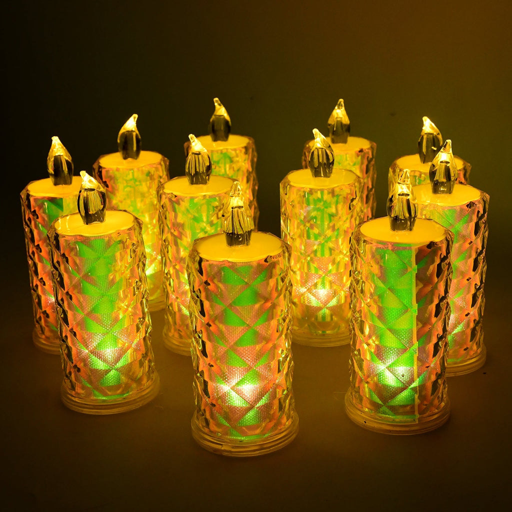 Decorative set of smokeless LED candles glowing softly indoors
