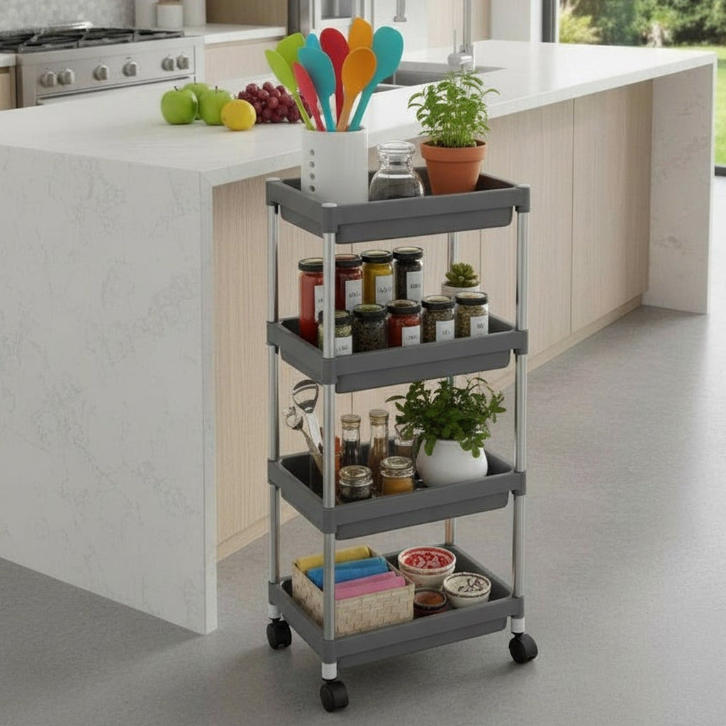 Neutral coloured 4-layer rolling storage cart, ideal for kitchen or office use.