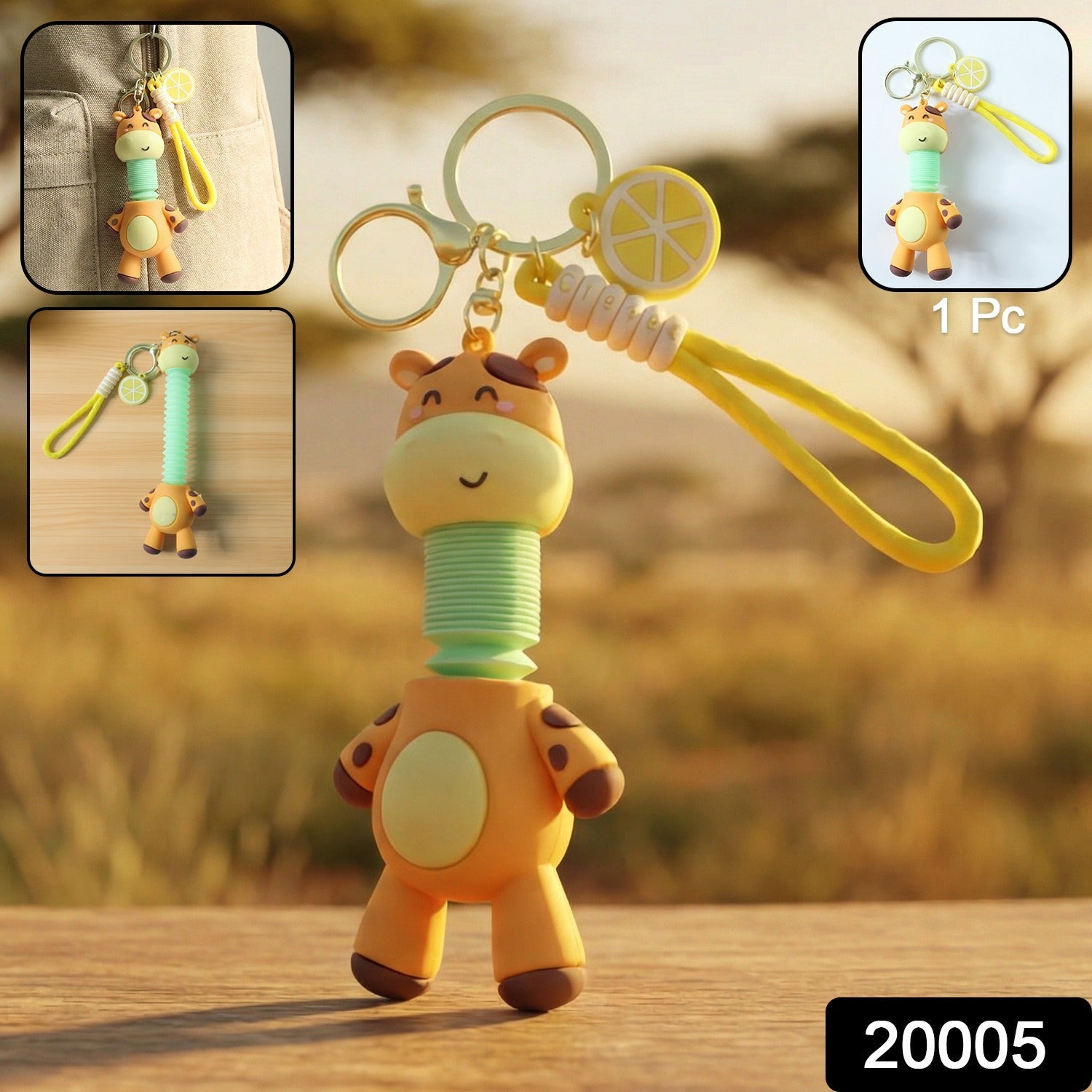 Giraffe keychain showing sturdy wrist strap for easy carrying