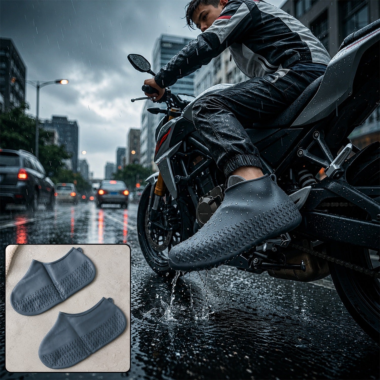 A person on a motorcycle in the rain wears a dark grey silicone shoe cover over their shoe, with two covers shown in an