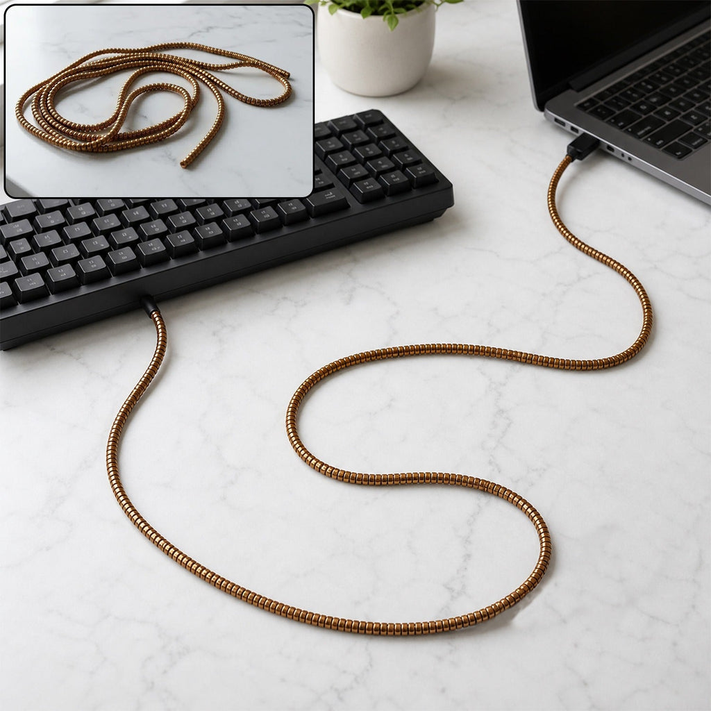Mixed colour spiral cable protector sleeve wrapped around a charging cable.