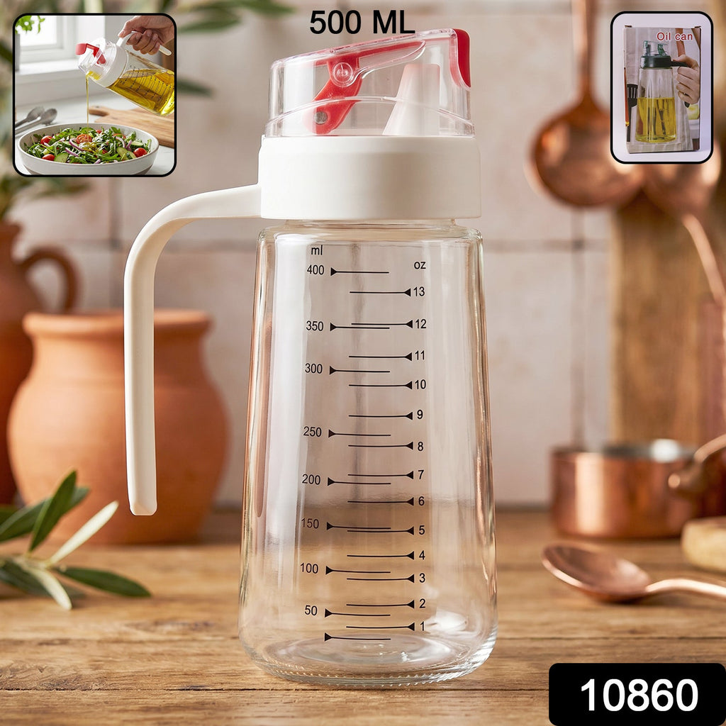 500ml glass oil dispenser with auto-flip cap and measuring markings, ideal for salad dressings and cooking oils