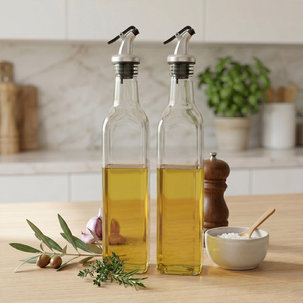 Half-full glass oil and vinegar dispenser with drip-proof spout