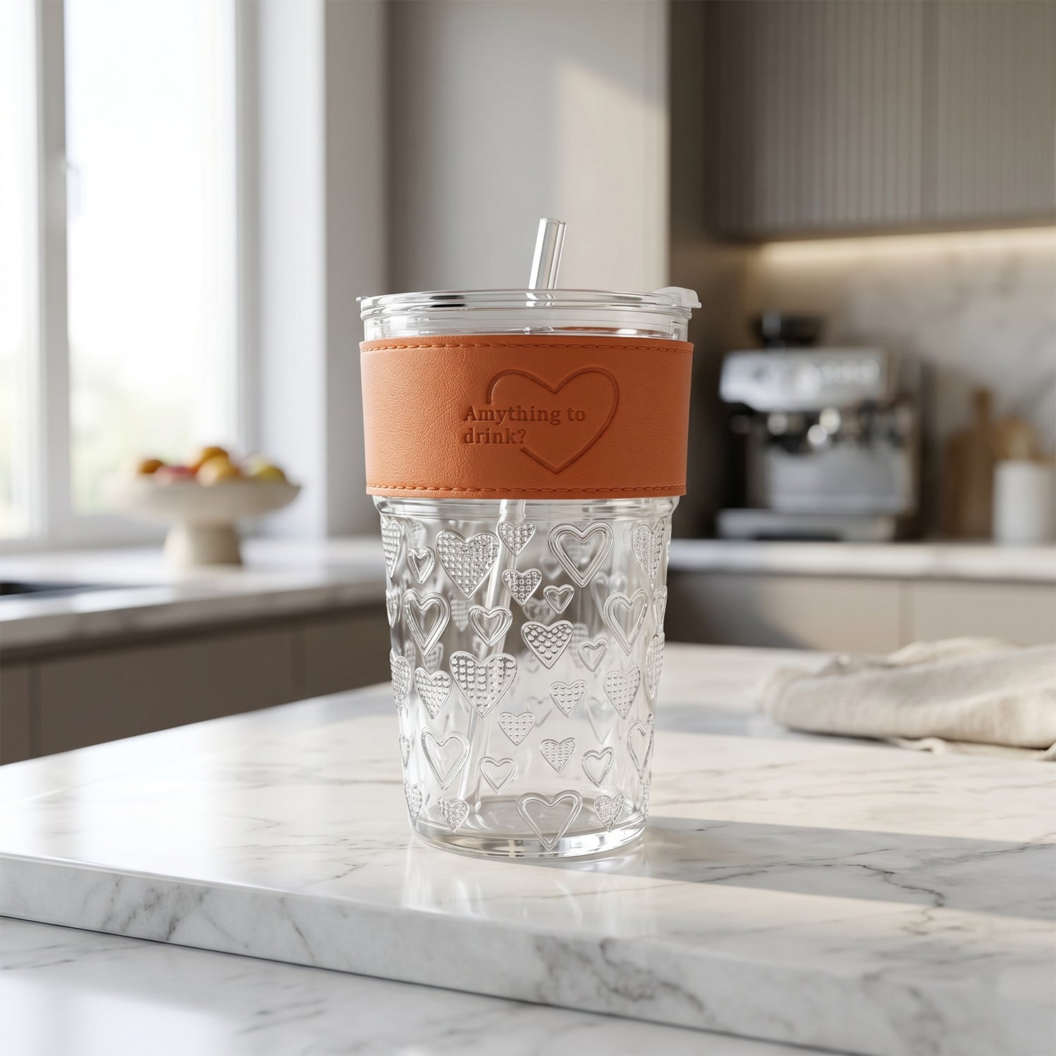 Glass tumbler with lid on white background, ready for use