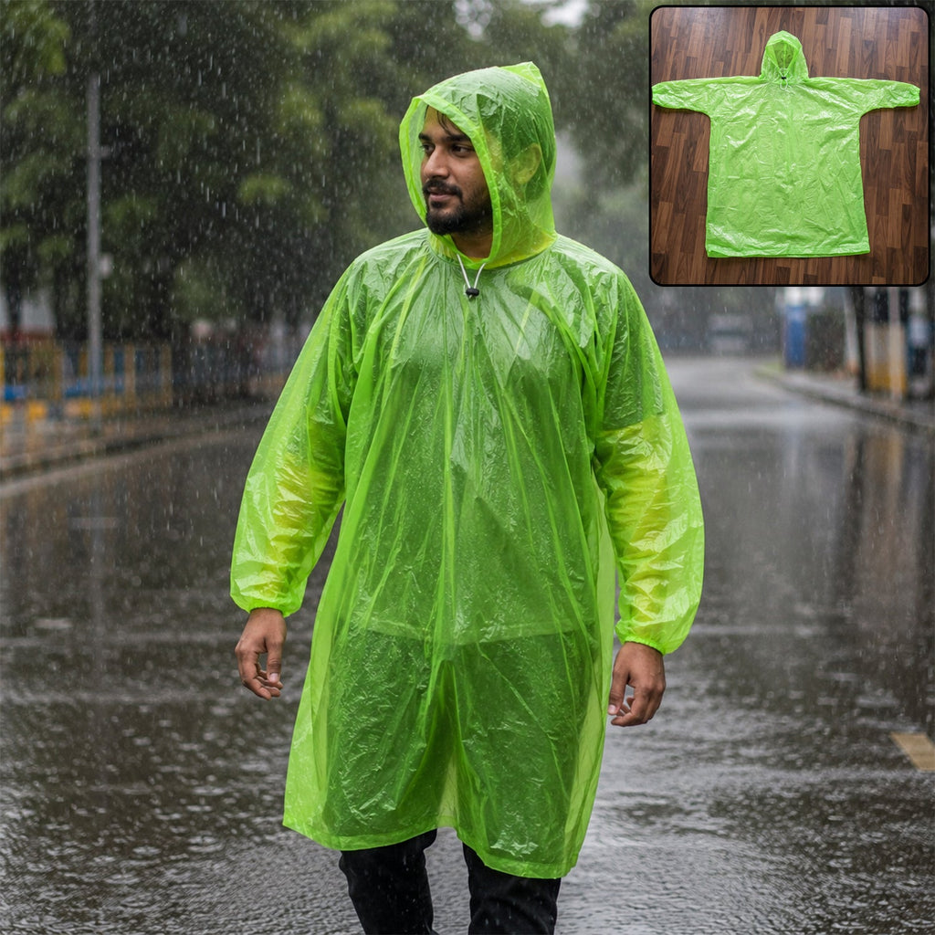 Green reusable waterproof raincoat with hood for men and women.