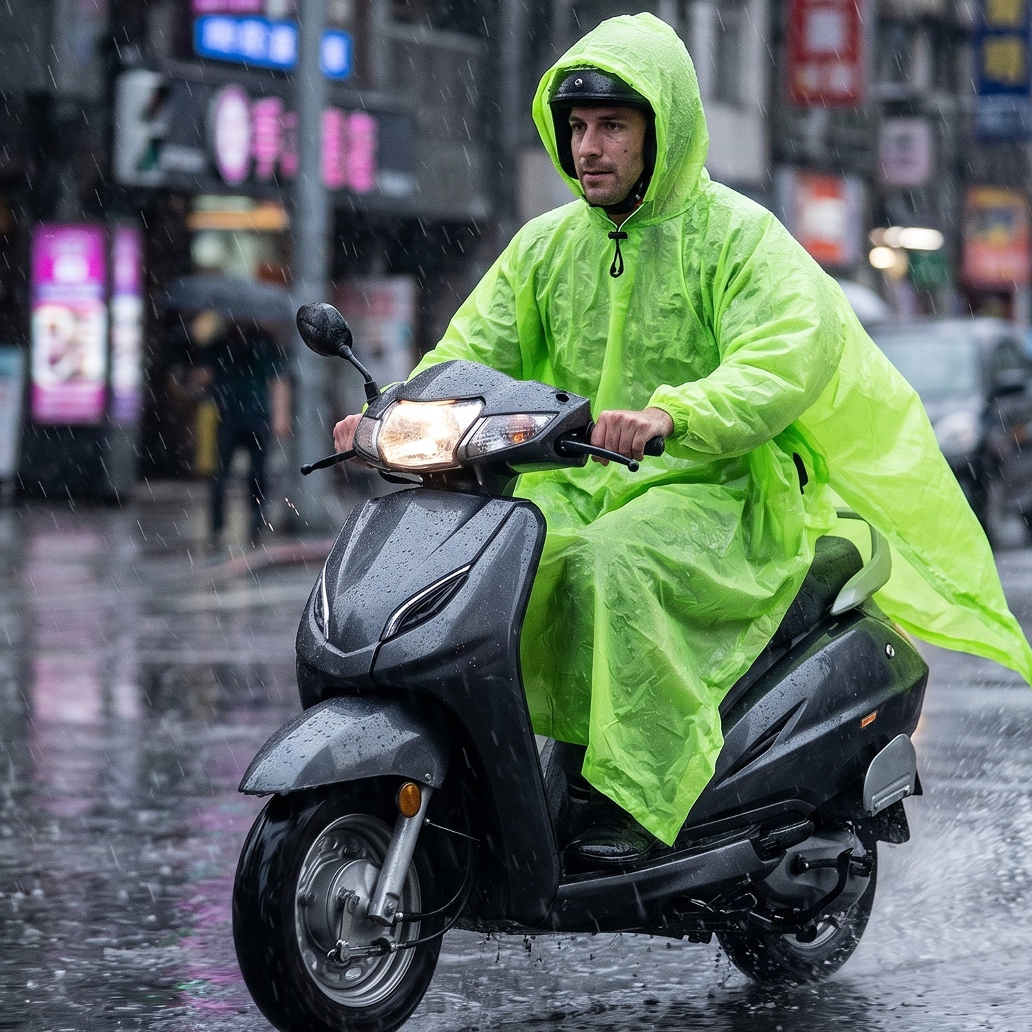 Unisex reusable waterproof raincoat worn by a person, suitable for outdoor activities.