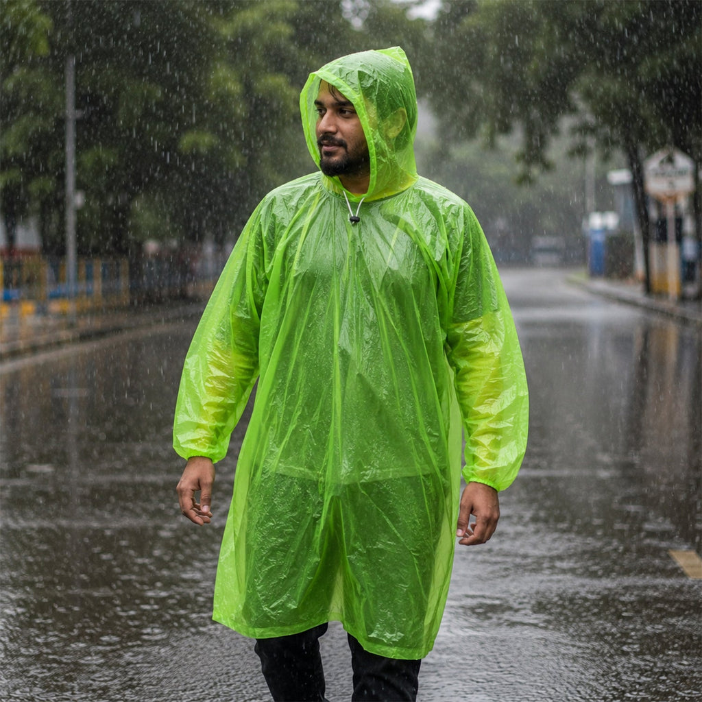 Long green rain poncho providing full body coverage for adults.