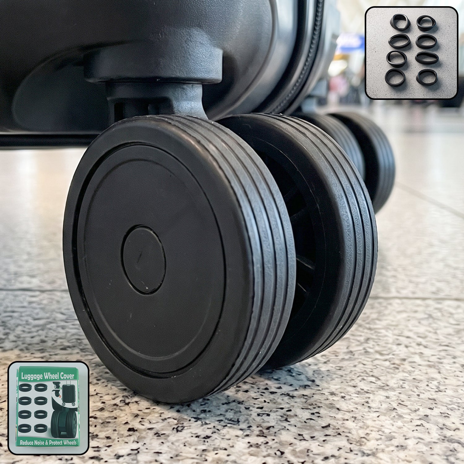 Silicone luggage wheel cover, noise reducing protector for suitcase (8 pc set)