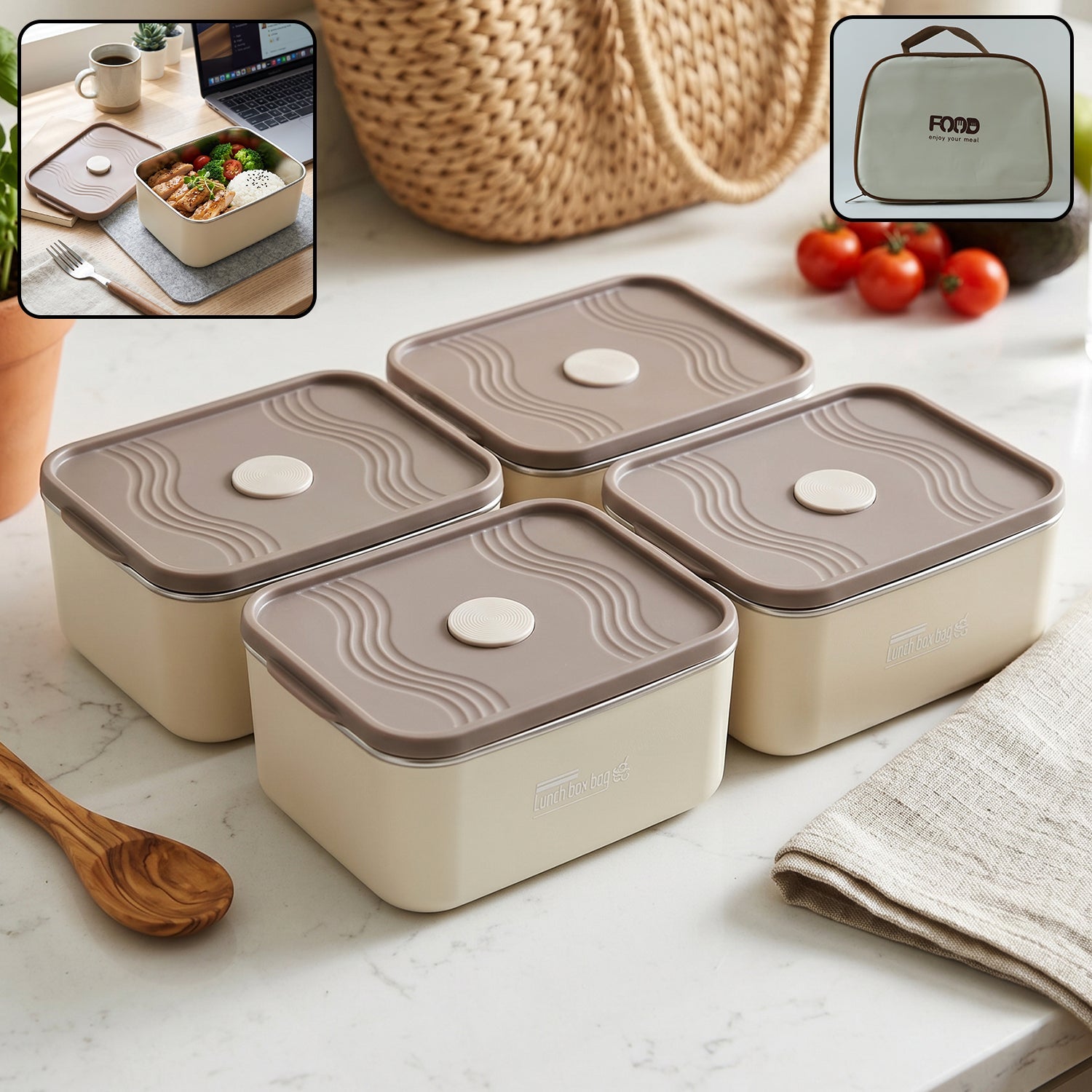 Insulated tiffin lunch box set with multiple containers and a stylish carry bag.