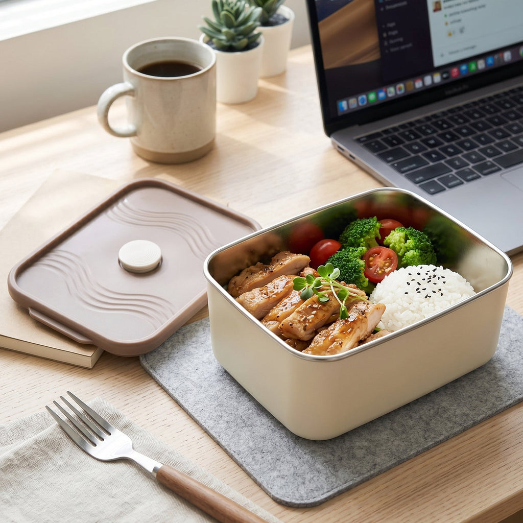 Thermal food carrier lunch bag open, revealing stackable, BPA-free plastic containers.