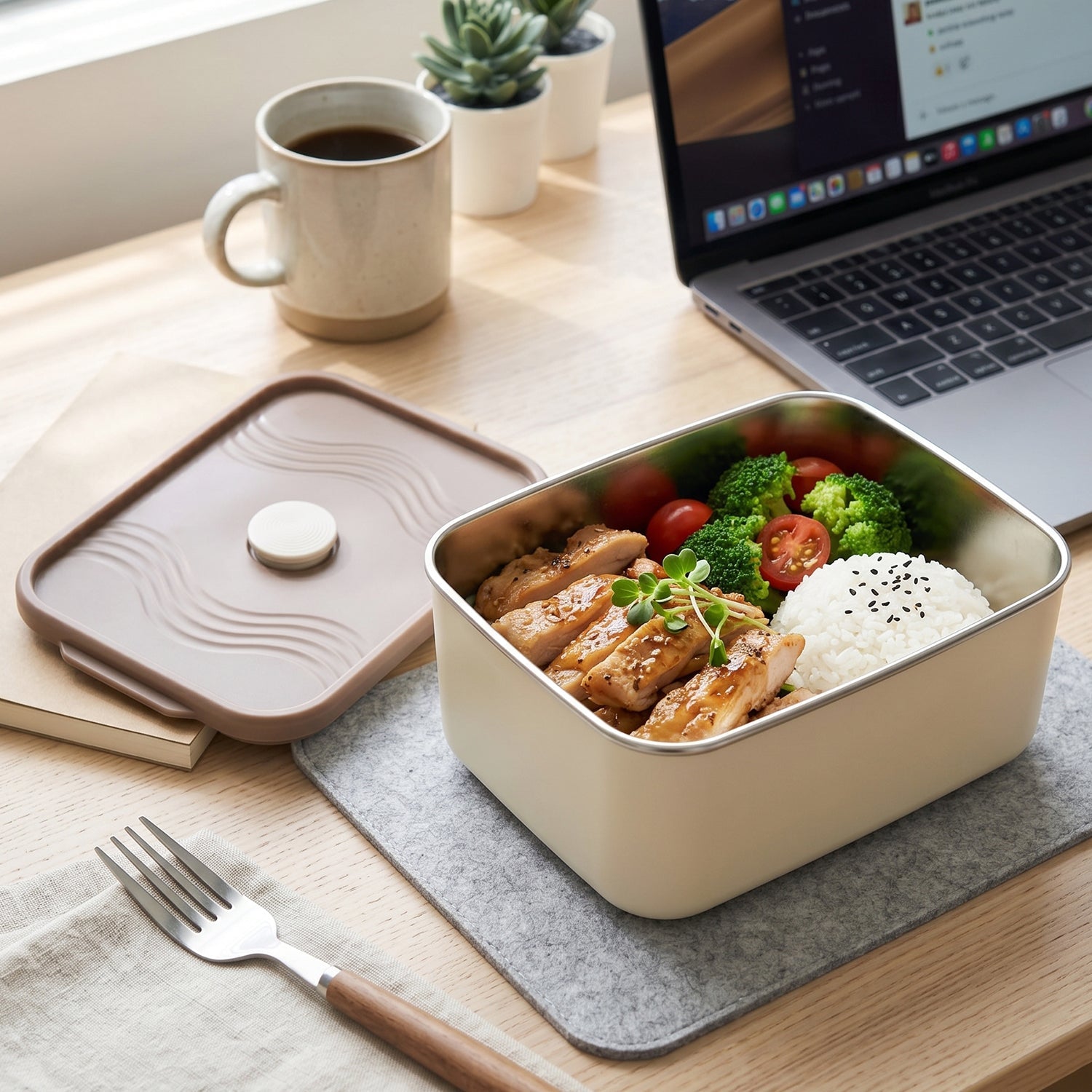 Thermal food carrier lunch bag open, revealing stackable, BPA-free plastic containers.