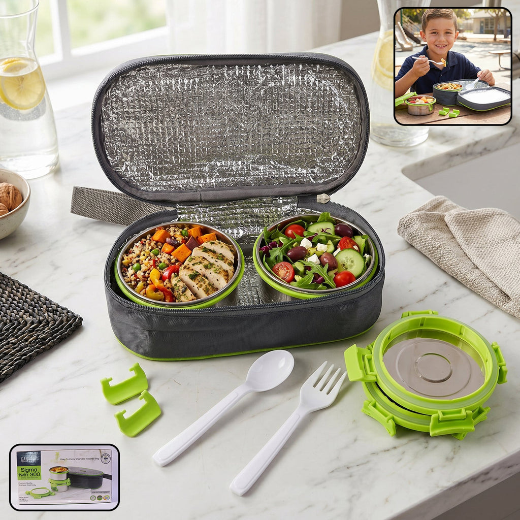 Stainless steel lunch box set with two round containers, insulated carry bag, and cutlery for daily use