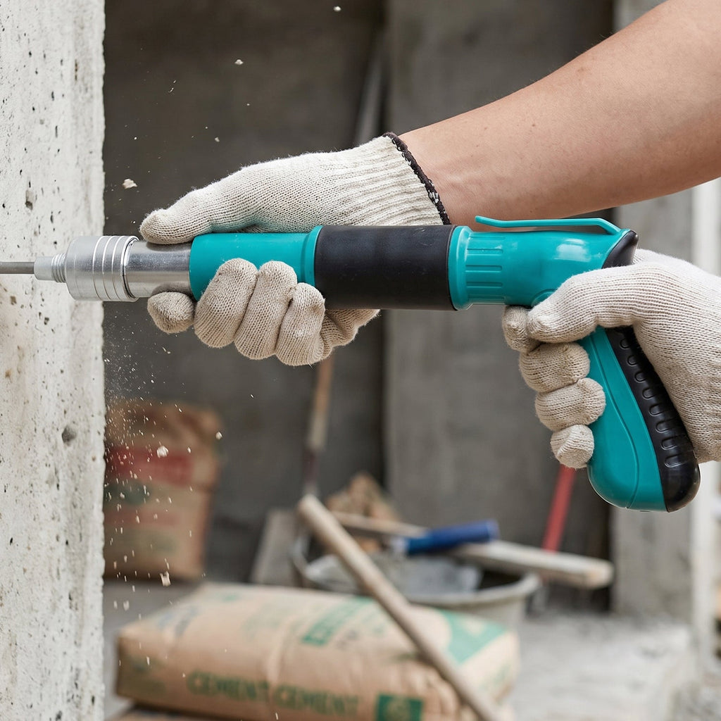 Manual nail gun tool pressing a nail into a wall