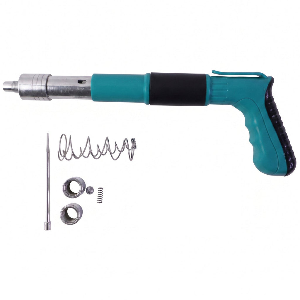 Nail gun tool set laid out on white background