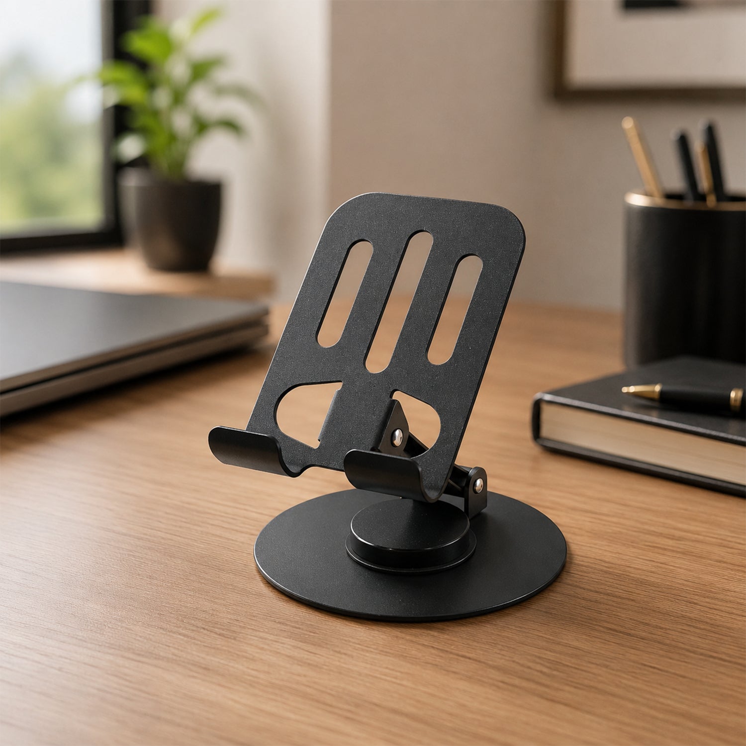 Portable metal phone stand that folds flat for travel