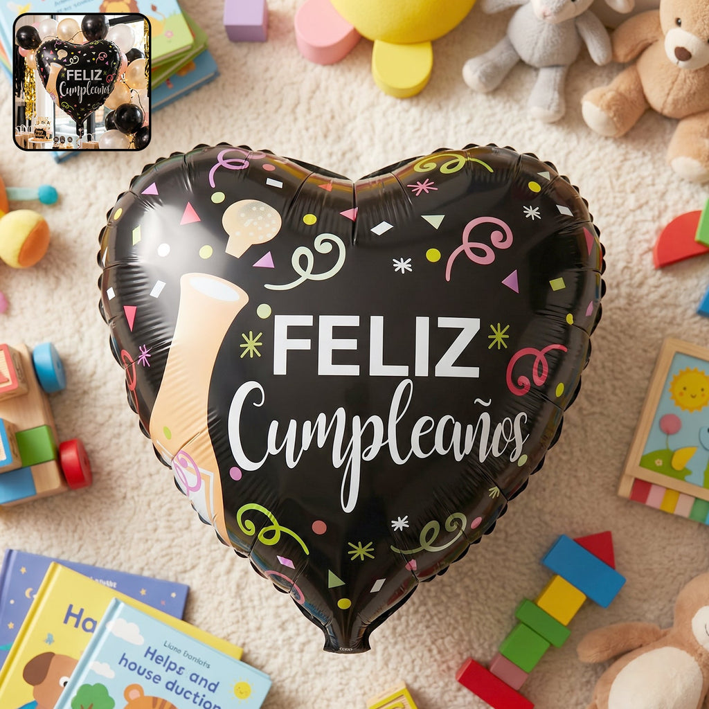 Black heart Feliz Cumpleaños foil balloon for celebration