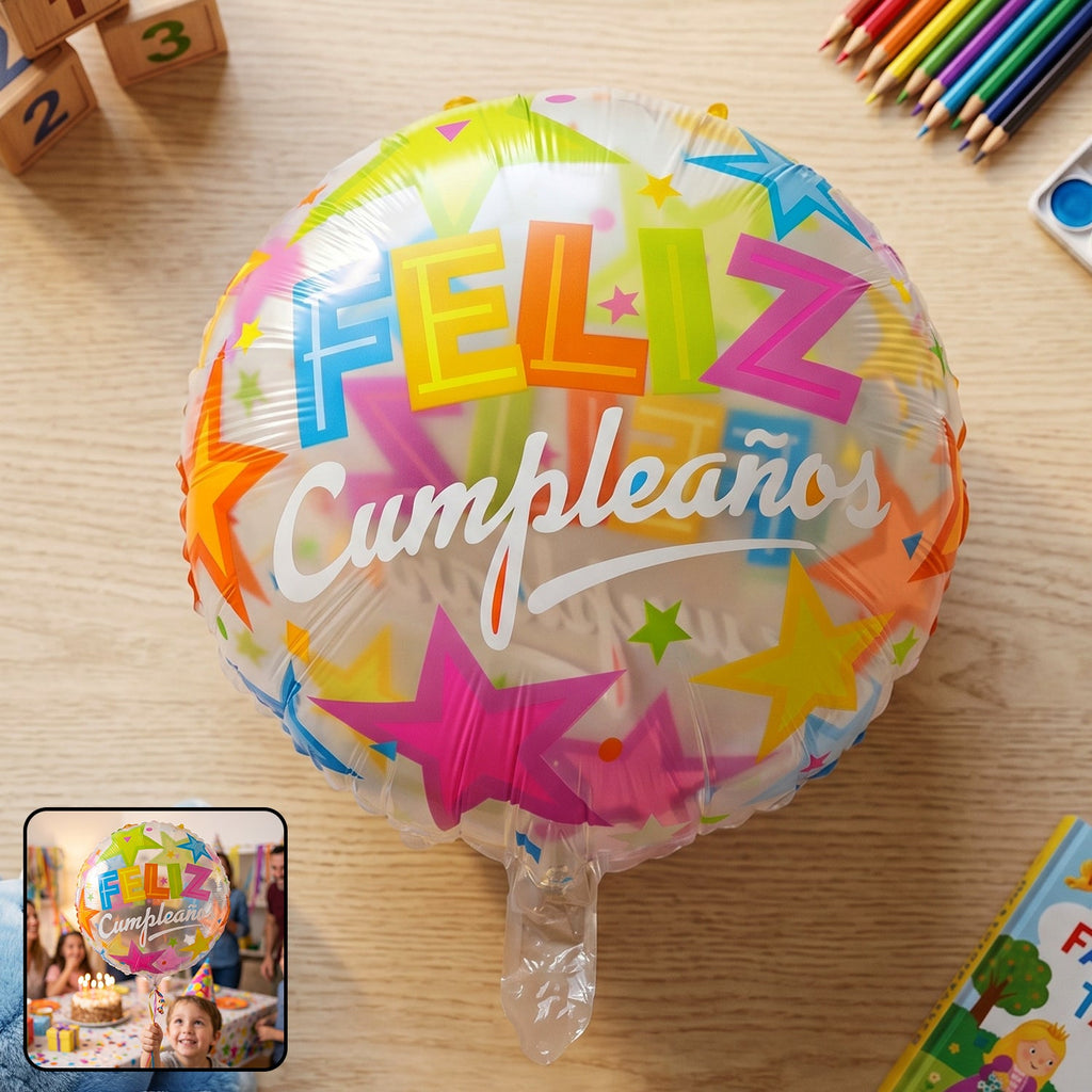 Vibrant colorful Feliz Cumpleaños foil balloon for birthday decor