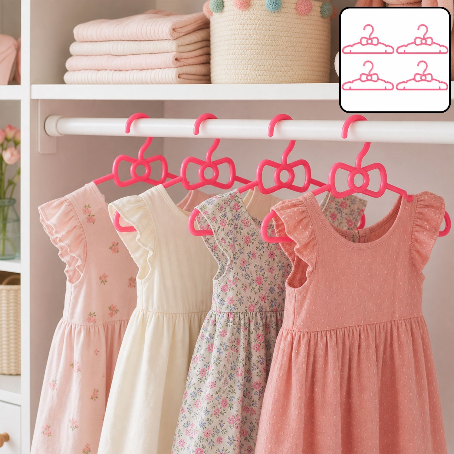Kids plastic clothes hangers set of 4, cute bow design baby wardrobe hangers (4 pc set)