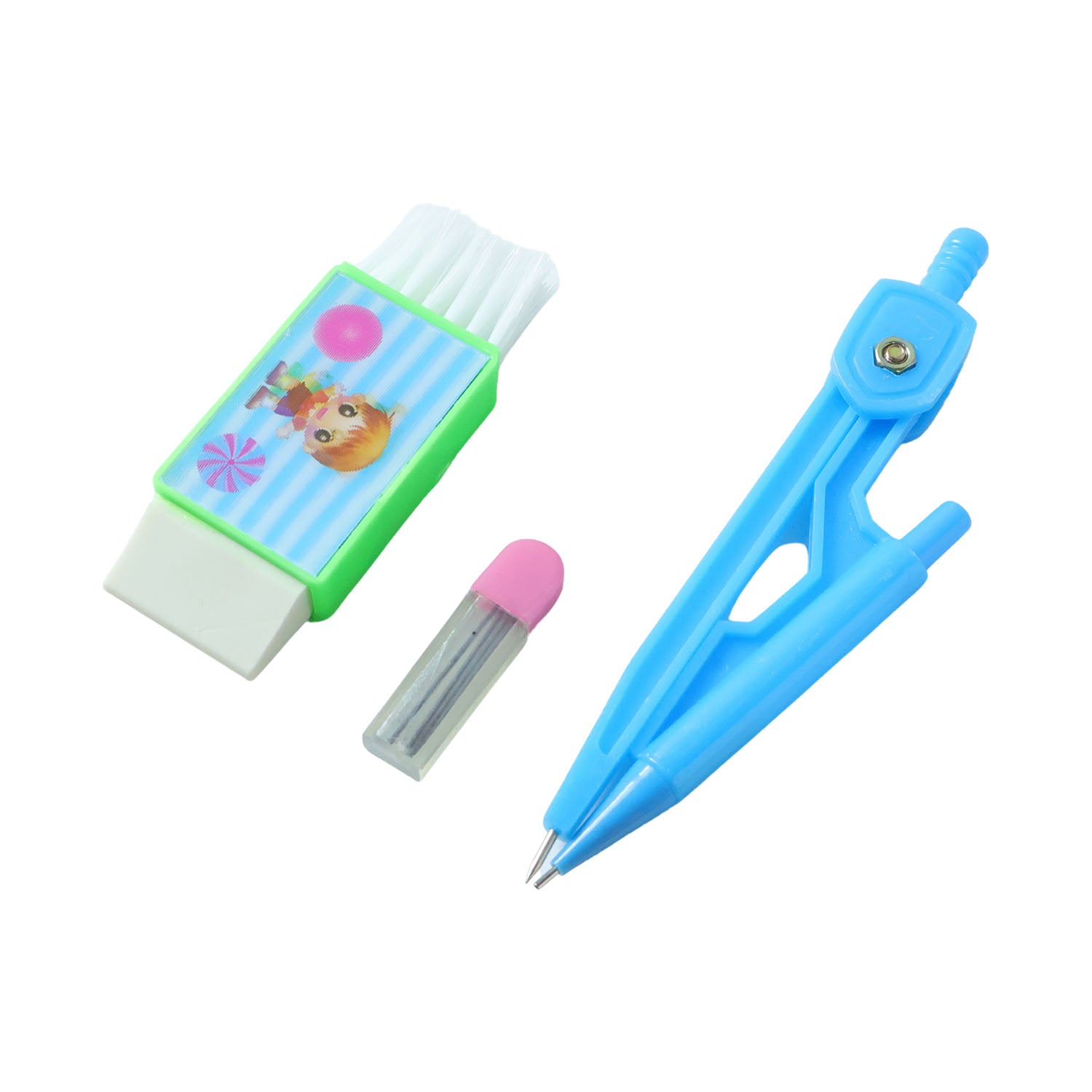 Kids geometry compass box containing compass and drawing tools