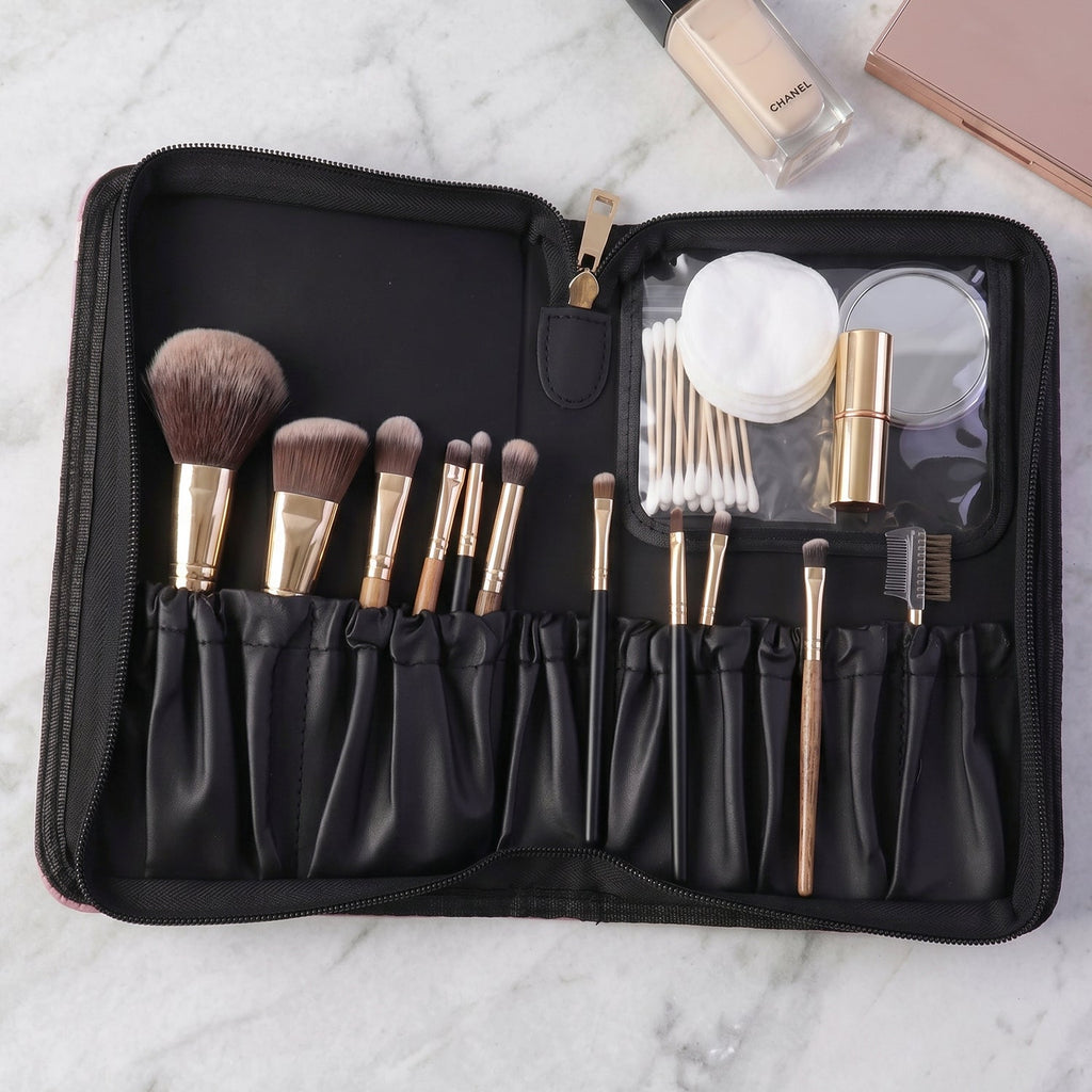 Compact cosmetic pouch suitable for brushes & lipstick