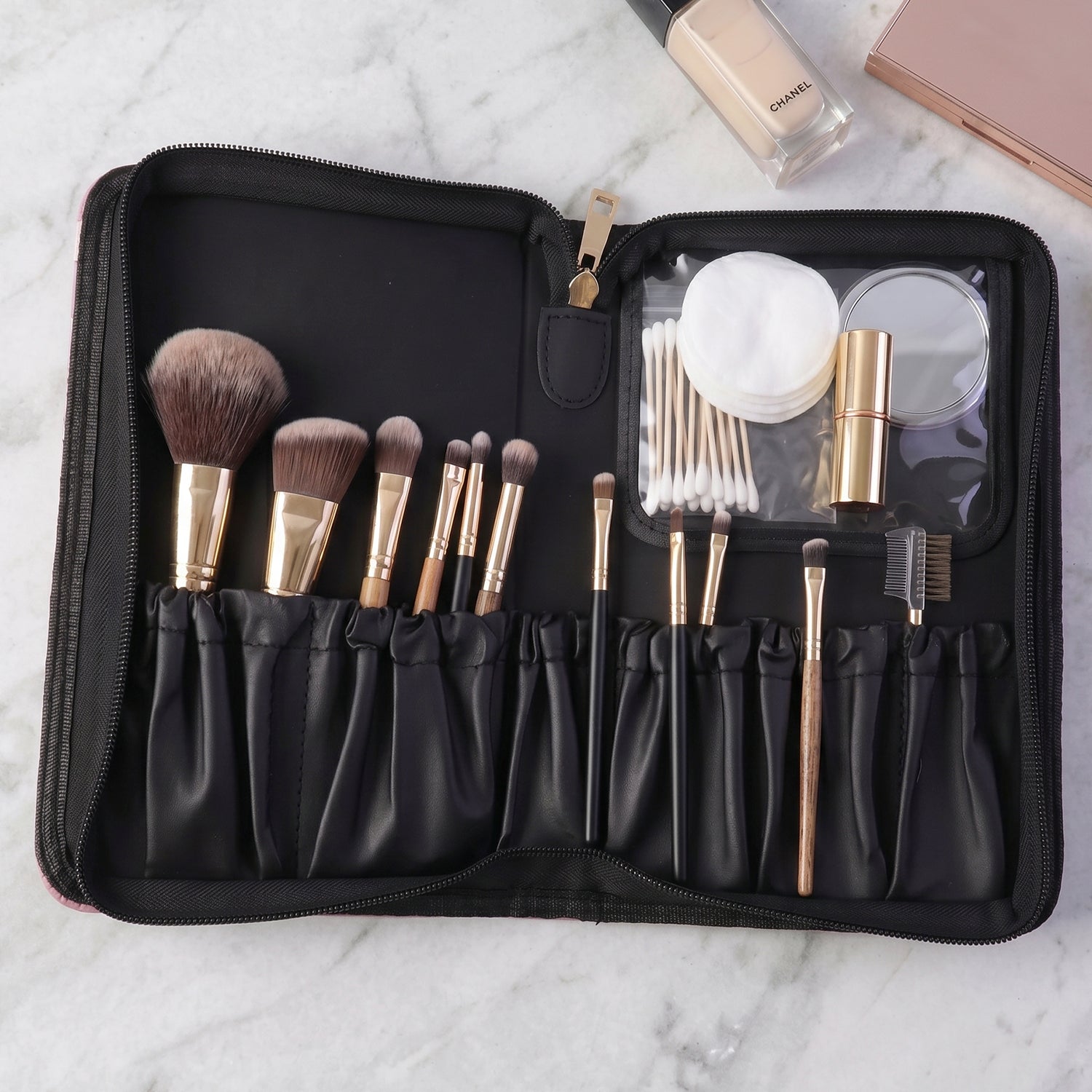 Compact cosmetic pouch suitable for brushes & lipstick