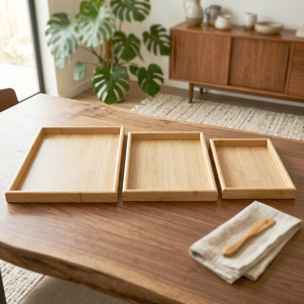 Breakfast and snack serving trays in wooden finish