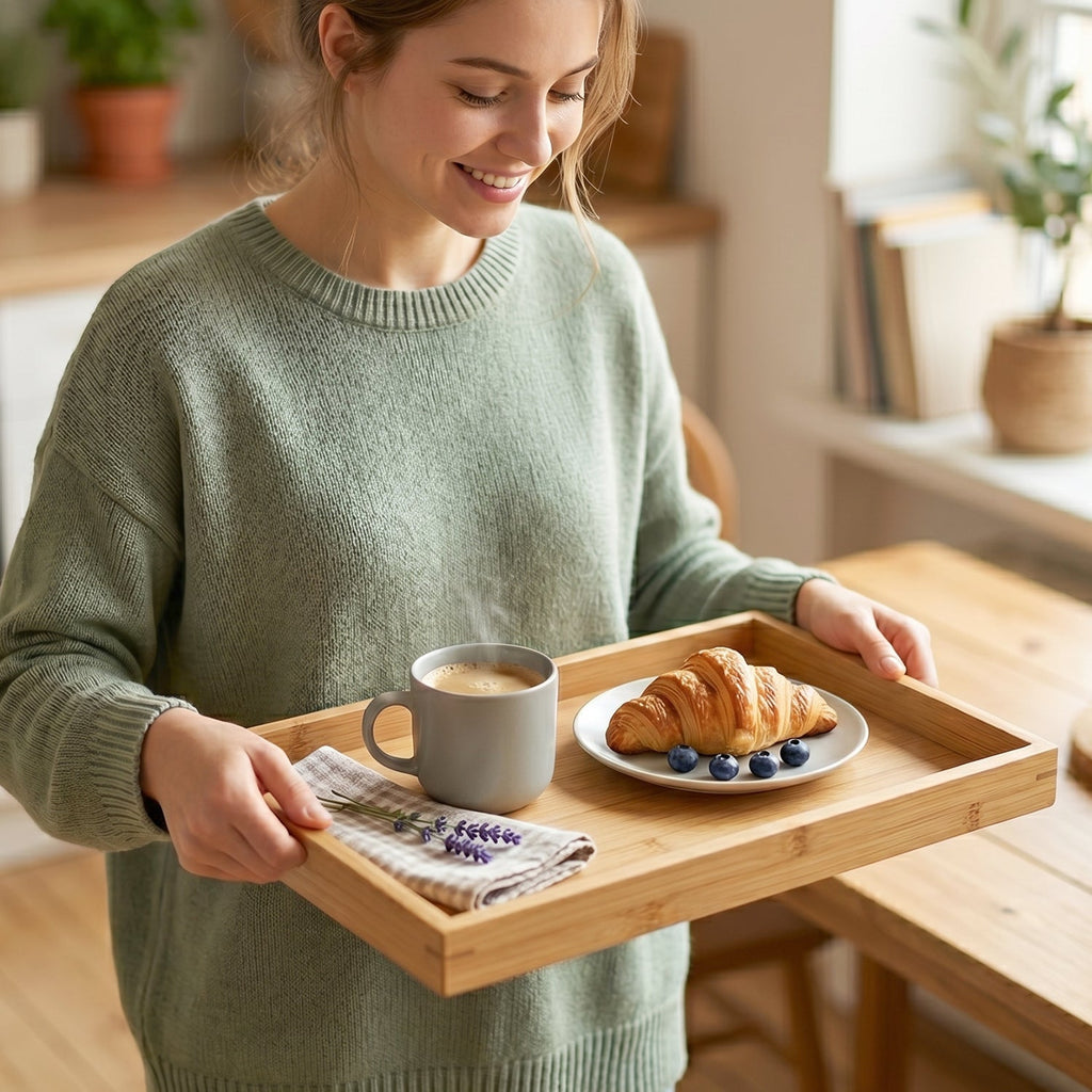 Rectangular tea coffee serving tray in wooden finish