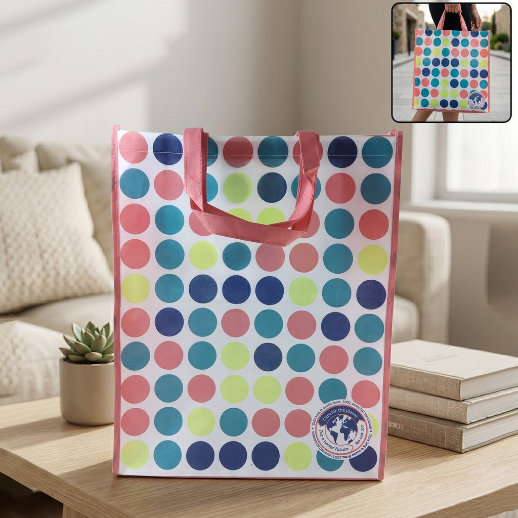 Large printed reusable shopping tote bag with vibrant design