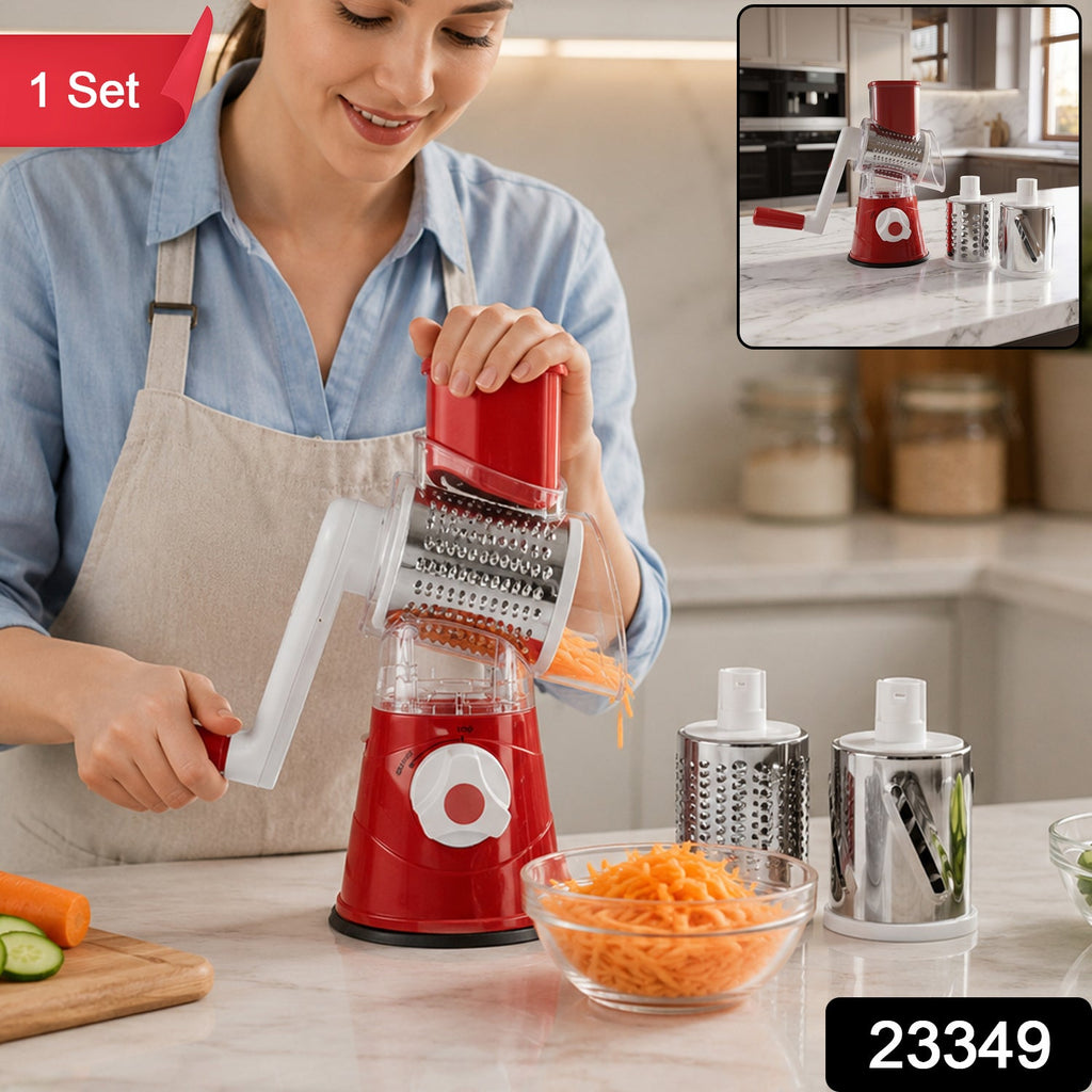 Rotary drum grater with 3 stainless steel drums for vegetables
