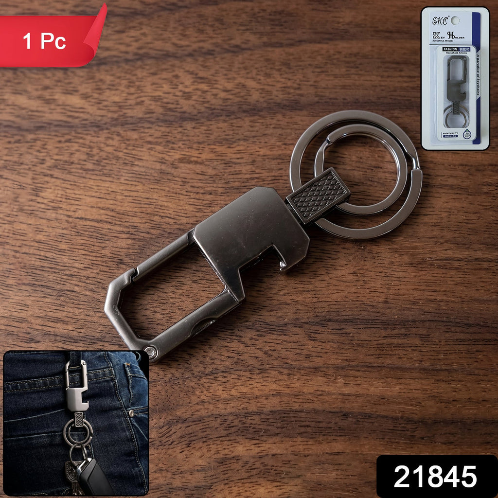 Durable metal keychain with a secure carabiner clip suitable for belts and bags.