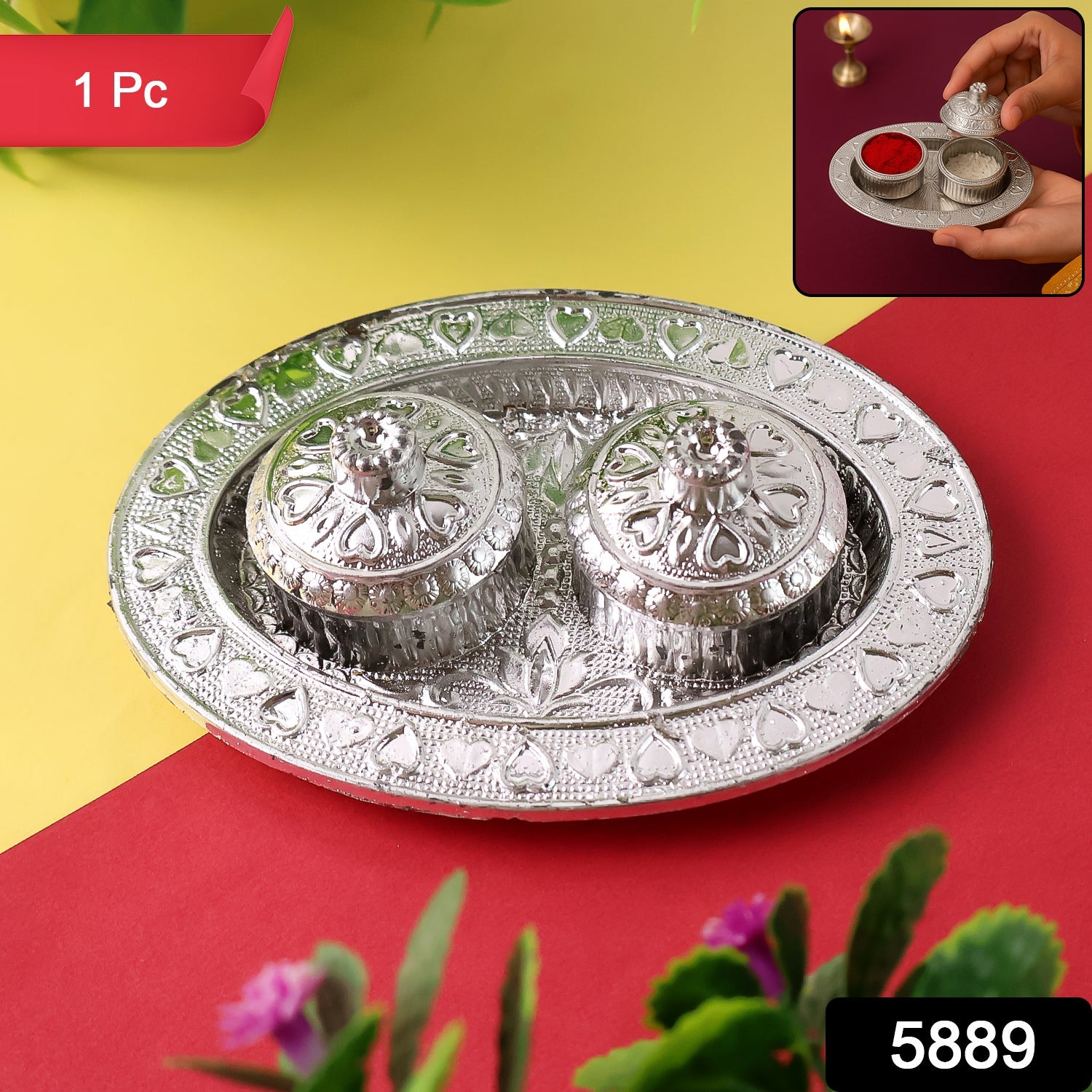 Kumkum dish puja thali pack with compartments for religious use