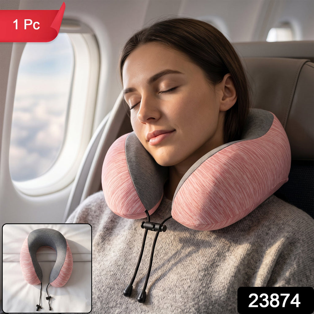 Pink grey neck pillow with drawstring toggle for adjustable fit