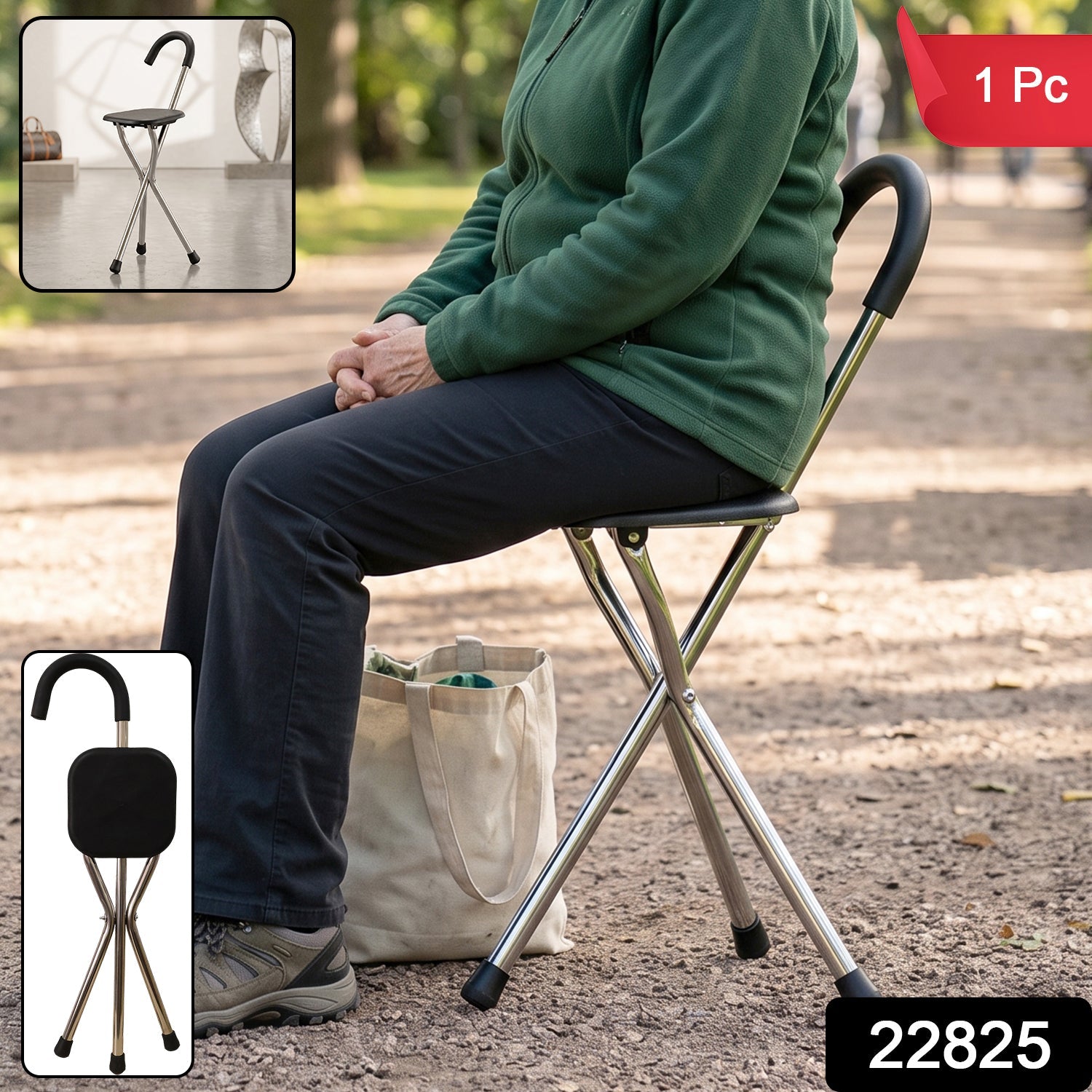 3 legged folding cane with built in seat for resting while walking
