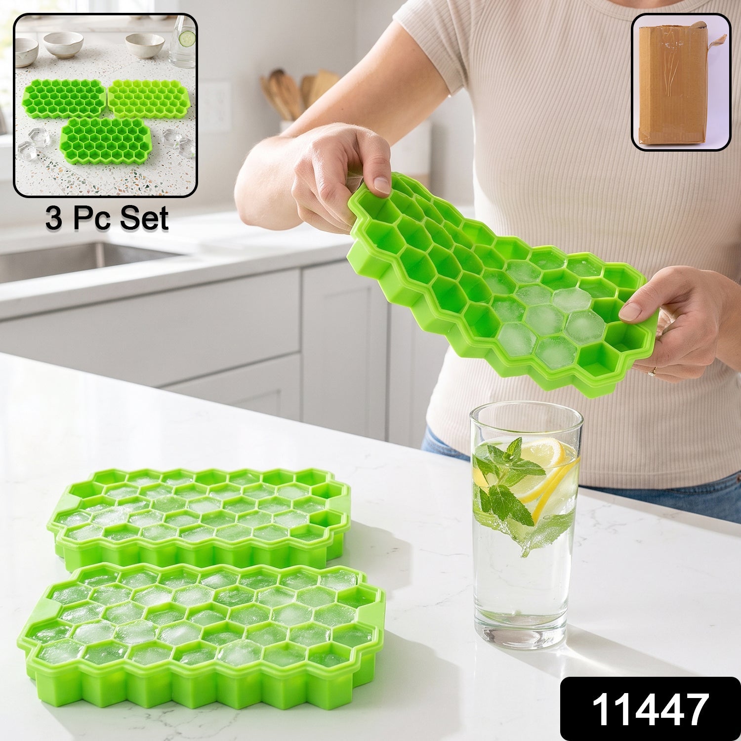 Set of 3 flexible silicone ice trays with 37 honeycomb cavities each