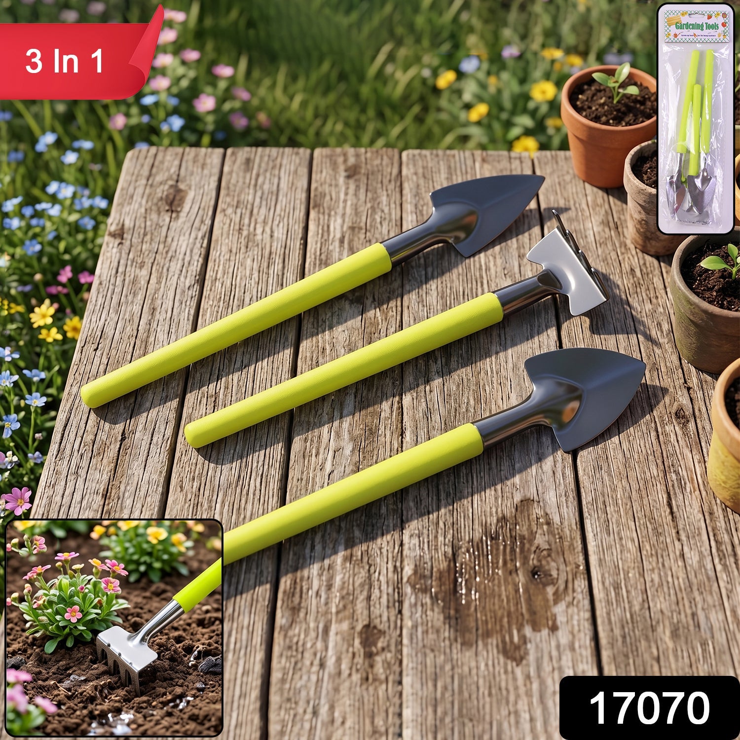 Packaged Mini Gardening Tool Set showing all three hand tools ready for use.