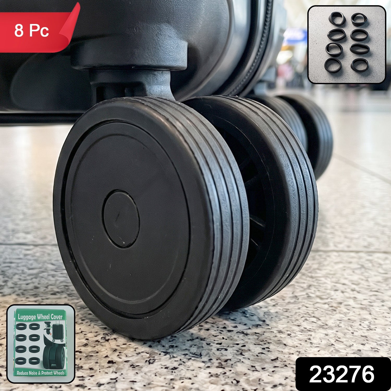 Set of 8 silicone wheel covers to protect and quieten luggage