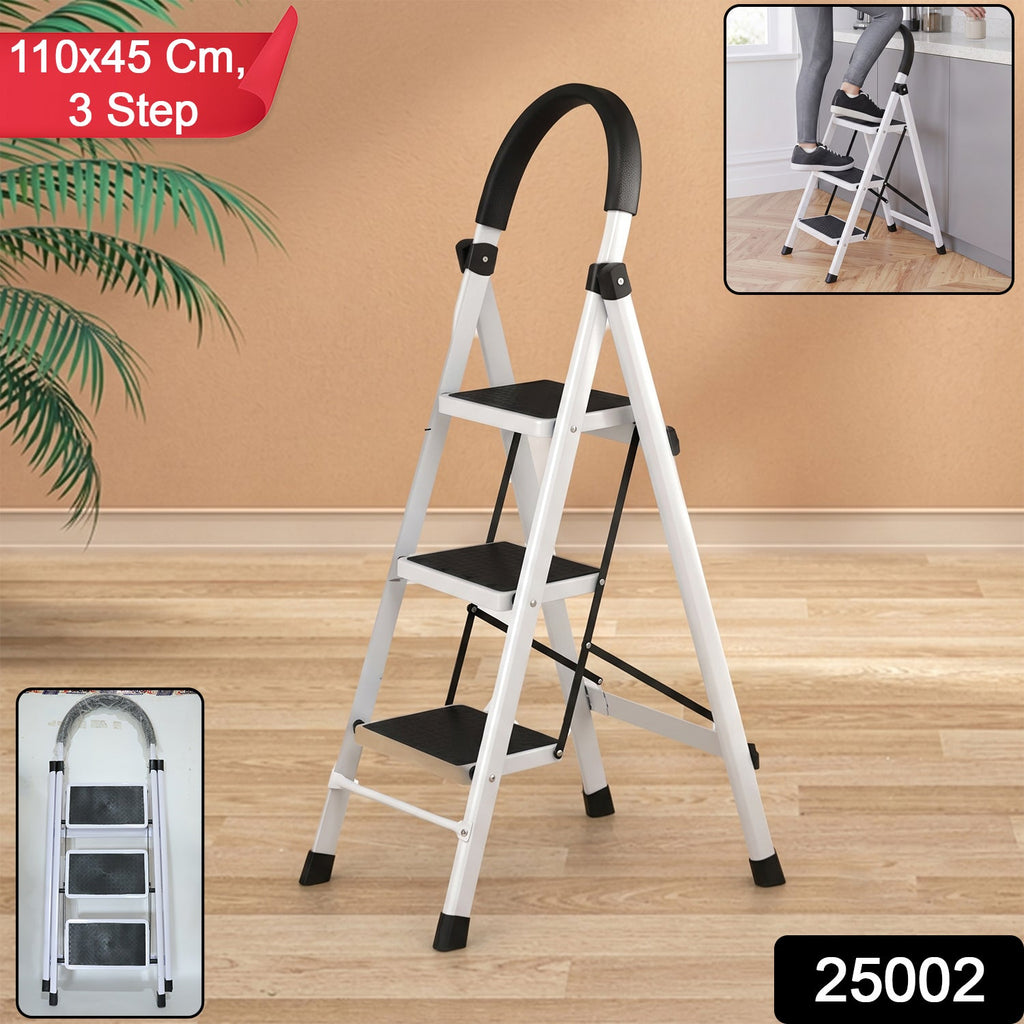 Three step foldable steel ladder with handrail for home use
