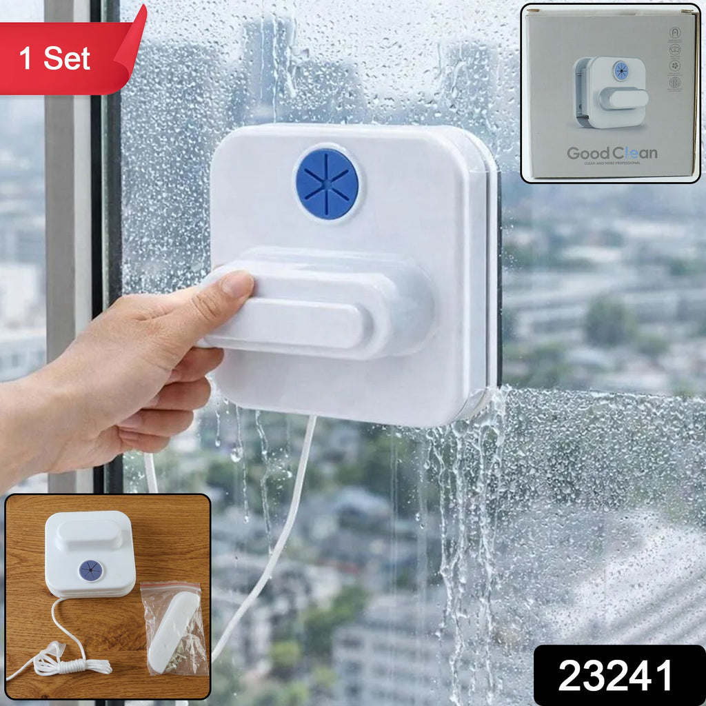Magnetic glass cleaner wiping both sides of a window simultaneously.