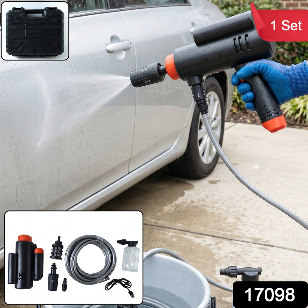 Complete portable high pressure car washer kit with accessories.