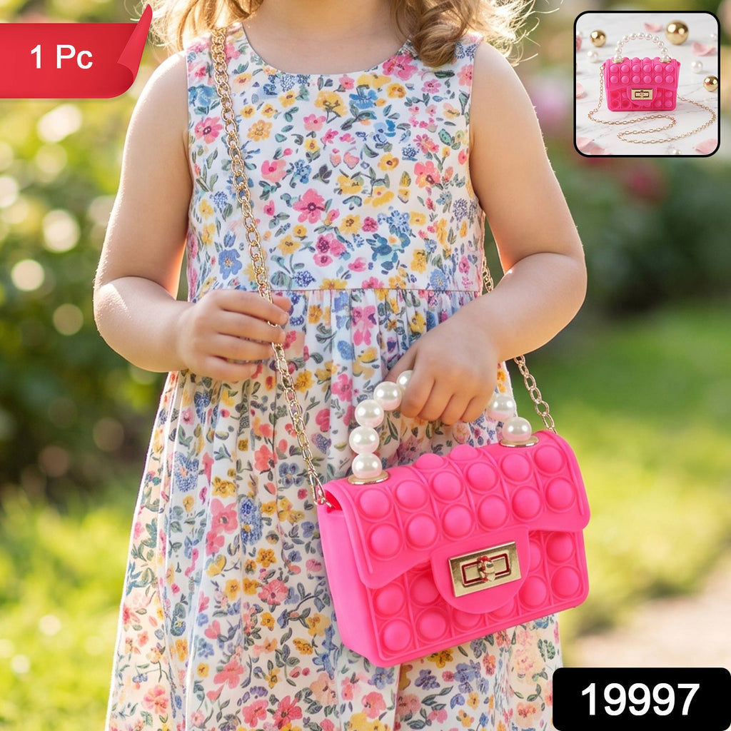 Silicone pop it sling bag for kids with pearl chain handle