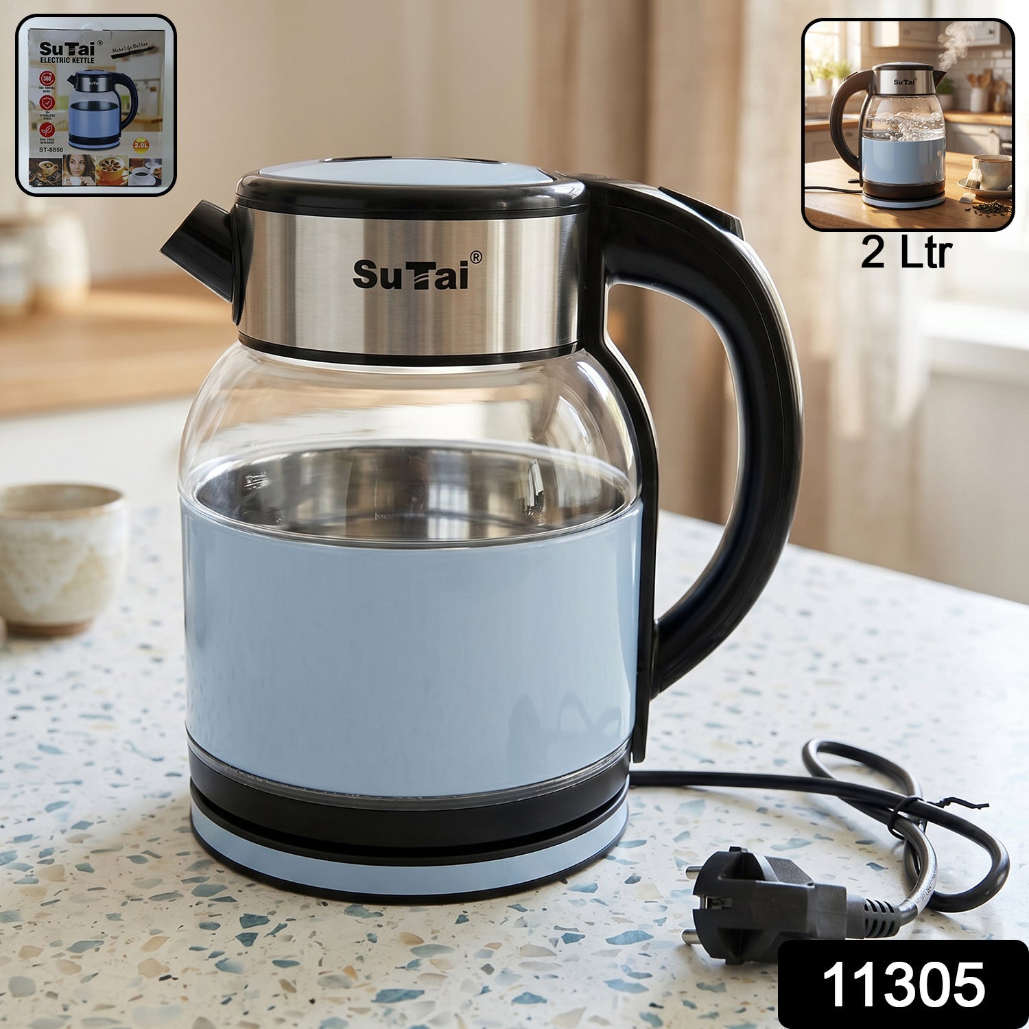 2 litre glass electric kettle with stainless steel base for tea and coffee