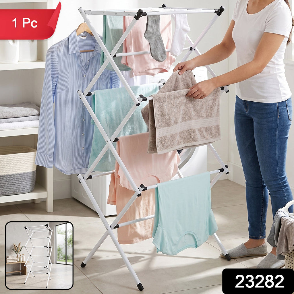 3 tier folding metal clothes drying rack in white finish