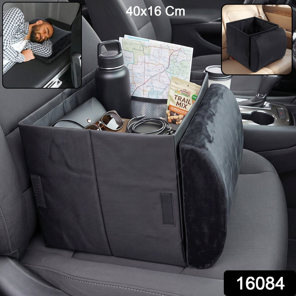 Car front seat organizer with fold out armrest and storage